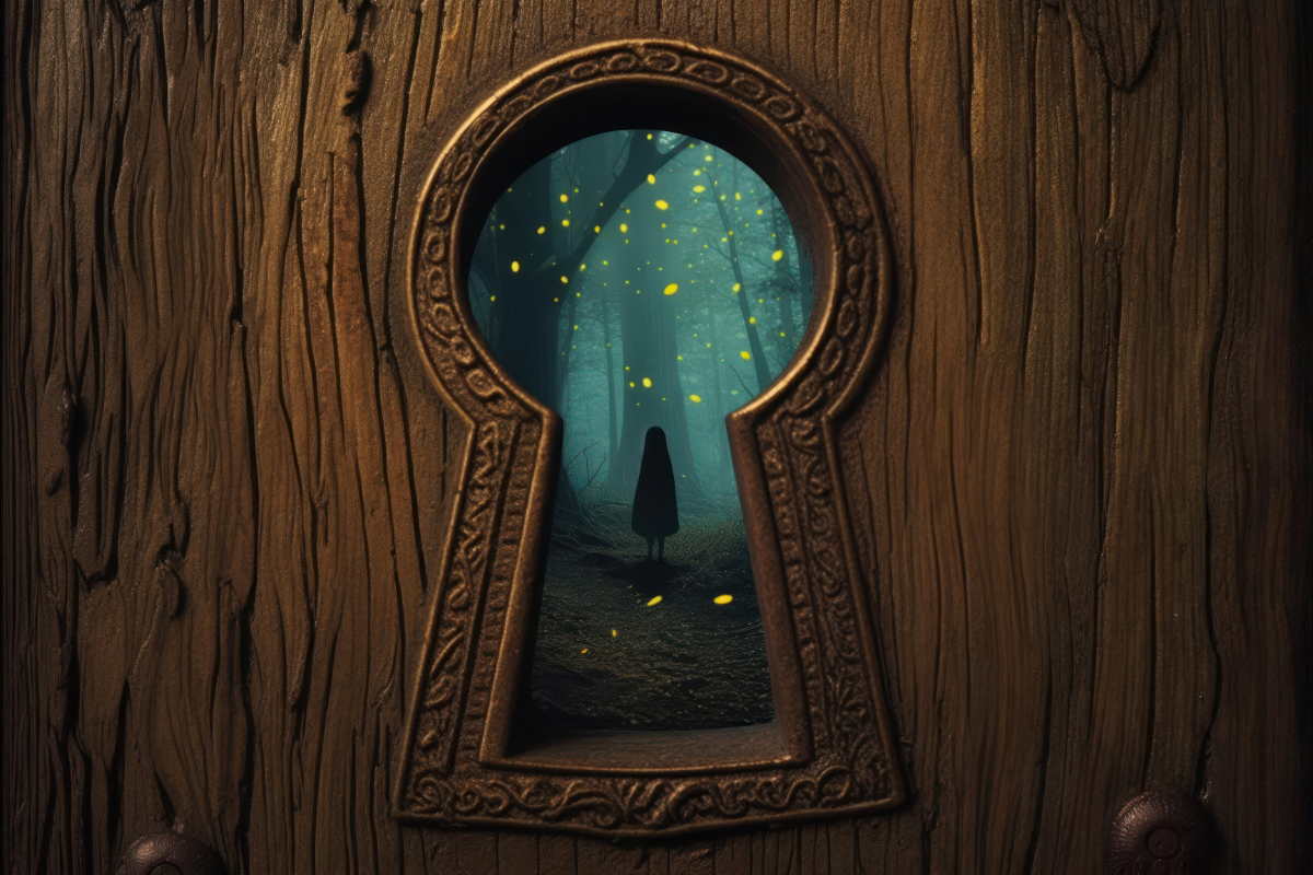 Keyhole in a wooden door opening onto a starlit path