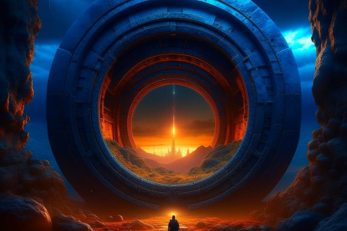 Cosmic portal glowing with golden light