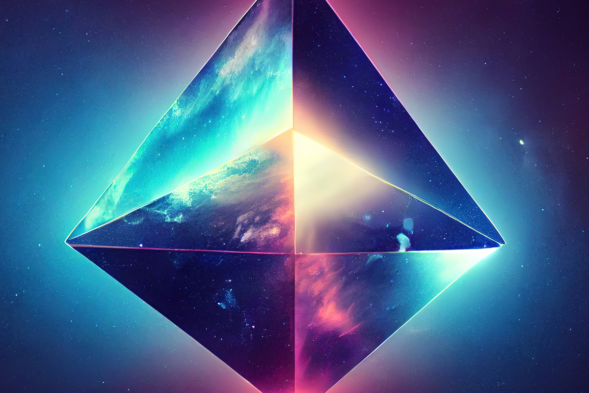 Glowing crystal pyramid in a starry sky
